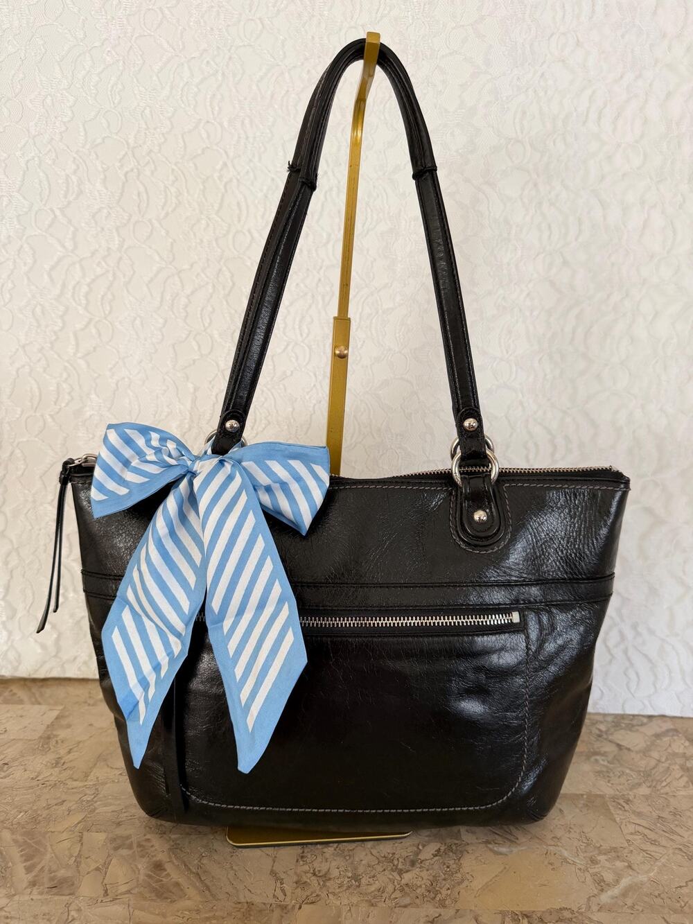 Coach Poppy Black leather Tote shoulder Bag Purse F19827